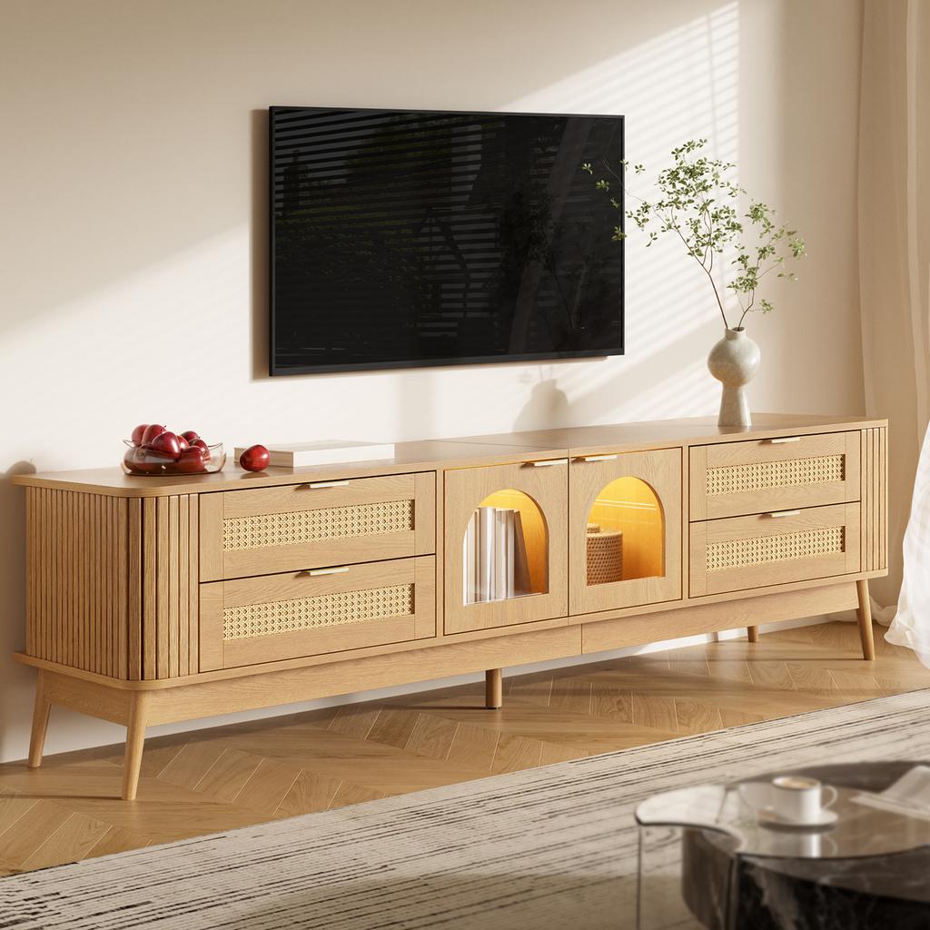 TV Cabinet, Tempered Safety Glass Doors, App-Controllable LED Lighting, Living Room Storage Cabinet, Chipboard, Solid Wood Legs, Four Drawers