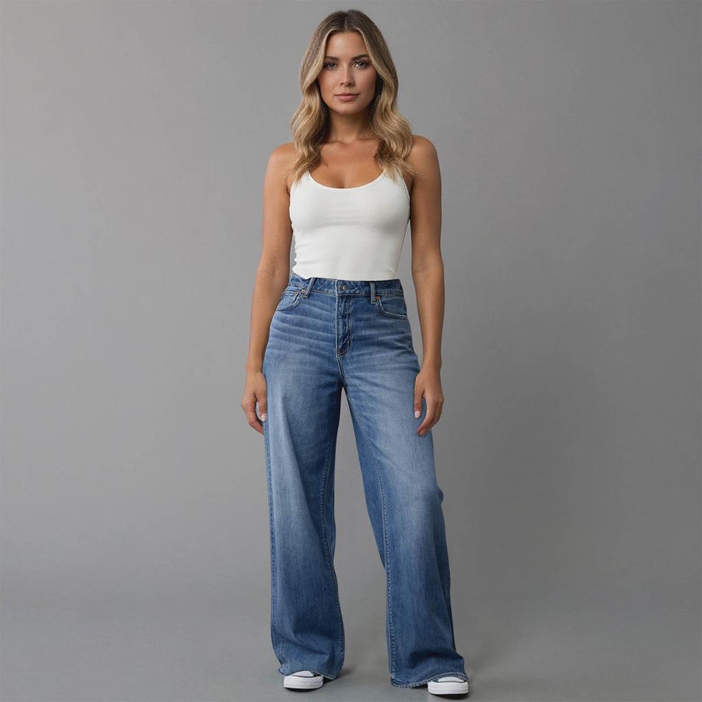 Womens High Waisted Jeans Stretchy Flared Straight Leg Loose Trendy Hem Denim Pants