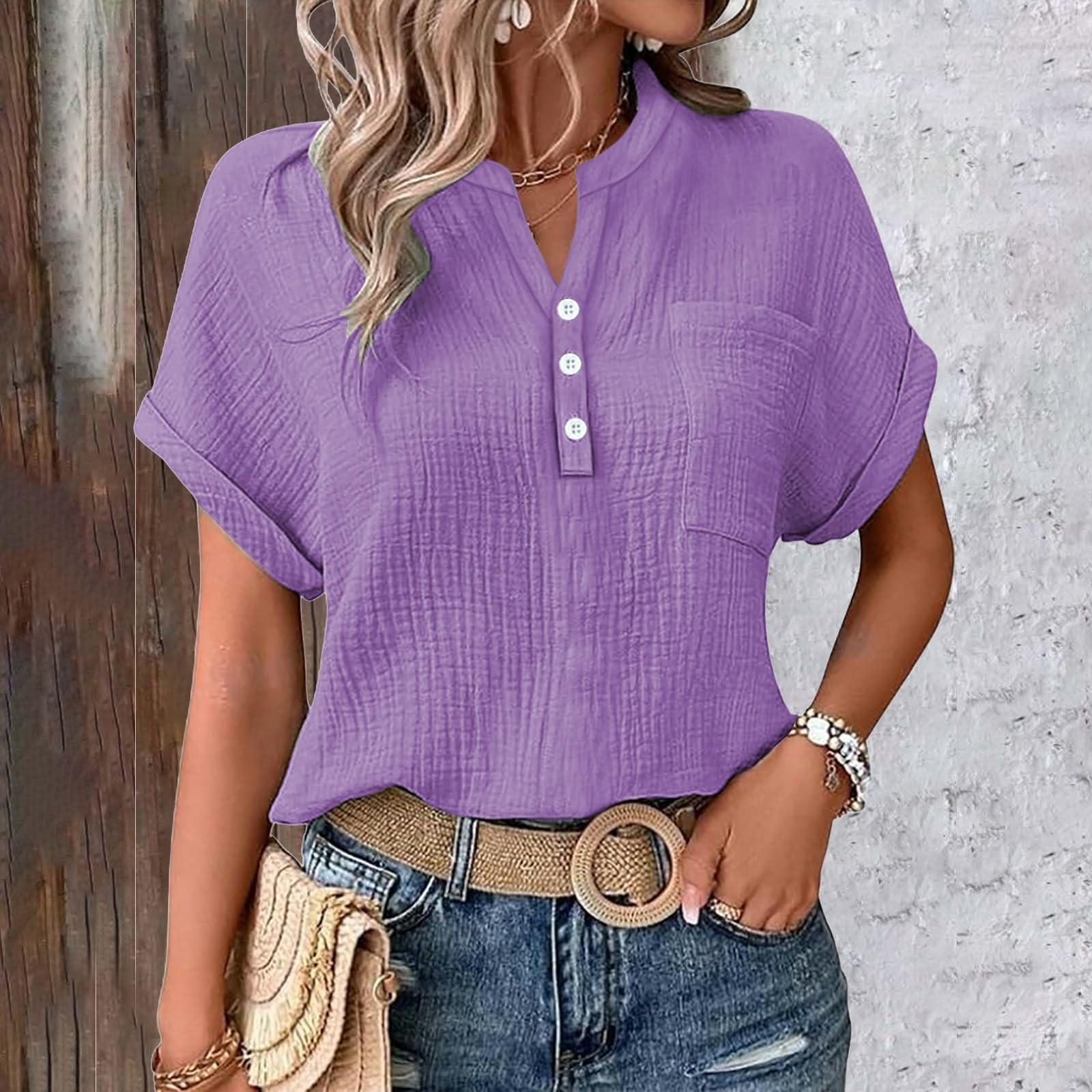 

Женская блузка, Льняная блузка, Женская летняя льняная рубашка на пуговицах, Блузка с V-образным вырезом и короткими рукавами и карманами L