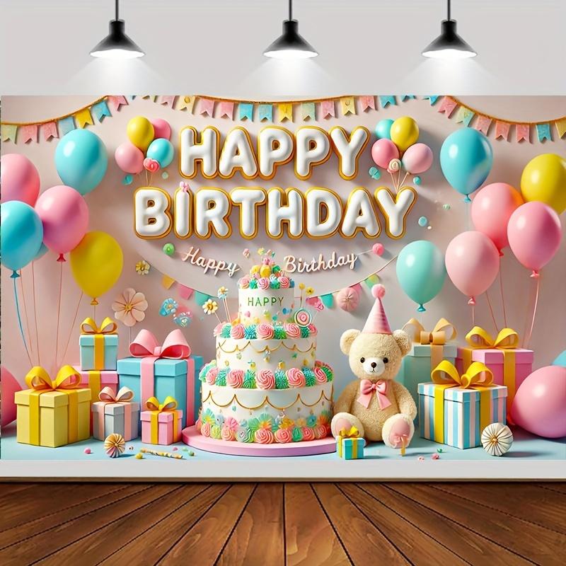 One a  Happy Birthday  banner colorful balloons and cake design with a teddy bear a birthday party background banner 100x150cm
