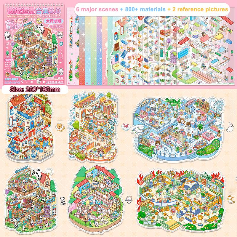 1Set Plus Size Cartoon Scenes Book Landscape Sticker Diy Toy Game Books 3D Sticker Cabin Scene Pocket Festival Birthday Gift
