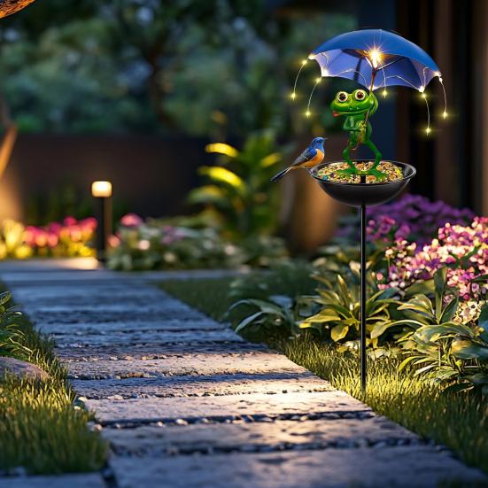Yousheng Solar Vogelfutterhaus Frosch Gartenfigur mit beleuchtetem Schirm Outdoor Schildkröte Solarleuchte Kolibri-Futterhaus mit Stab für Hofkunst Rasen