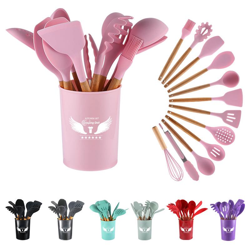 12-Piece Silicone Kitchen Utensil Set with Wooden Handles - Includes Spatula, Slotted Spoon, Frying Spatula, and Baking Tools