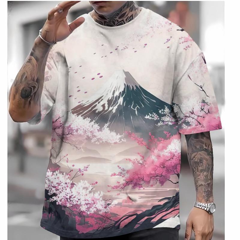 Herren-T-Shirt im japanischen Stil mit Fujiyama-Kirschblüten-Aufdruck, lässiges, lockeres, kurzärmeliges T-Shirt, übergroßes Herren-Bekleidungsoberteil