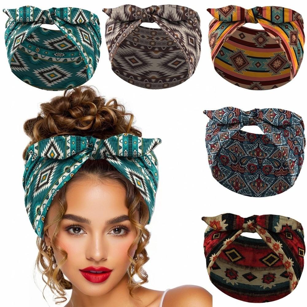 Wide Boho Print Headband Elastic Turban Headwear Casual Bohemian Hair Bands for Yoga Biker