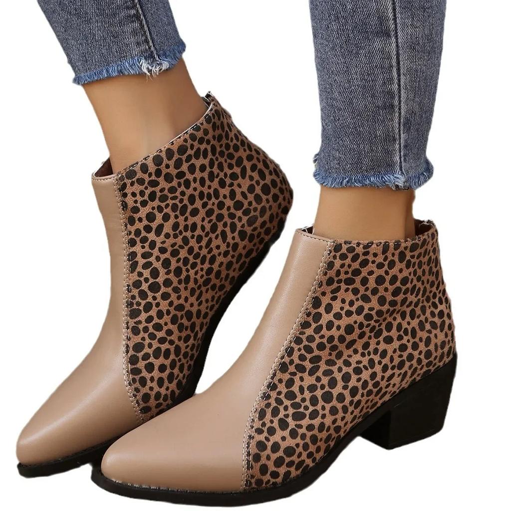 Fashion Shoes for Women  Leopard Ankle Boots Woman Pointed Toe Patchwork Short Barrel Chunky Heel Large Size Western Boots 2024