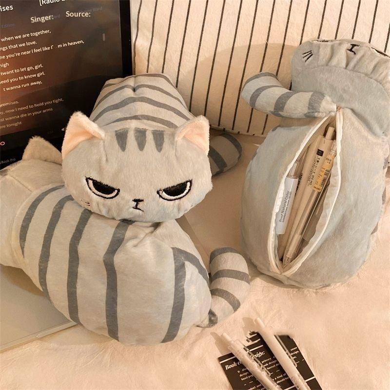 Kawaii Plush Pencil Case Gray Cat Style Large Capacity Bag Soft Makeup Holder for Students Office