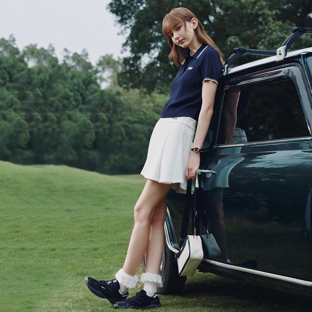 Fila Original Fashion Simple Classic Retro Casual Elegant Versatile Comfortable Woven Short Sleeve Polo Knit Top Women Tops Starry-Blue F51W629401FNV