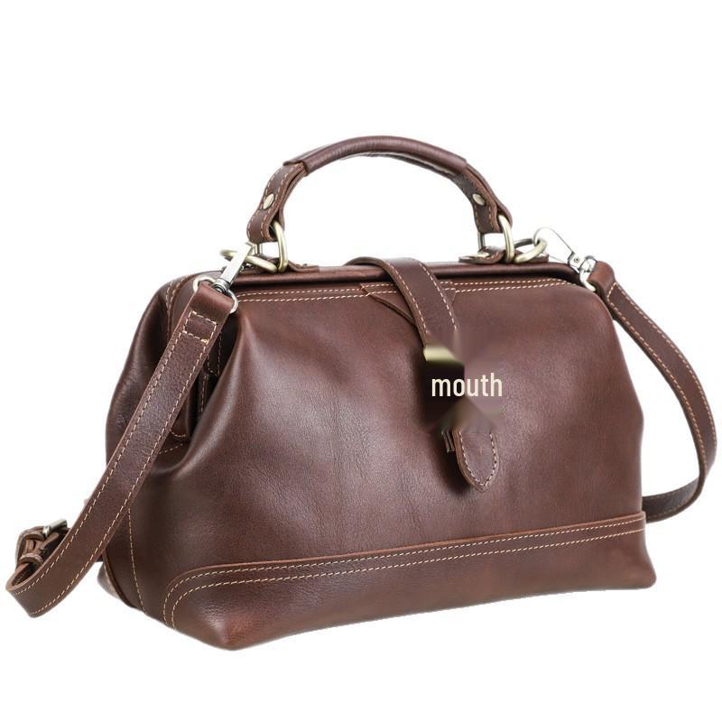 Full-Grain Cowhide Convertible Women's Shoulder Handbag with Metal Hinge Buckle