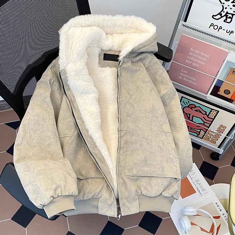 Manteau d'hiver épais en velours à capuche en coton pour homme Style High Street américain Rétro Jeune Sport Chaud Tendance Marque Manteau en coton M gray