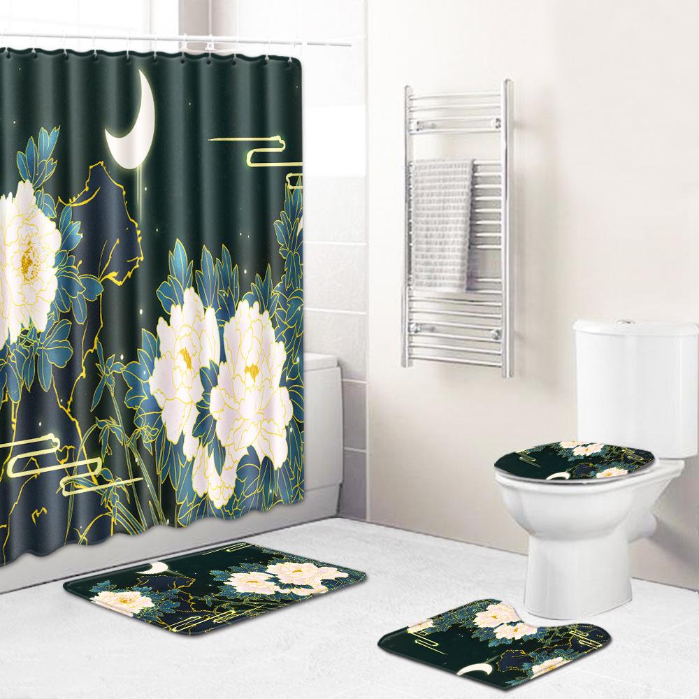 Chinese Antique Bronzing Night Flower Bathroom Floor Mat Shower Curtain Combination Floor Mat Support