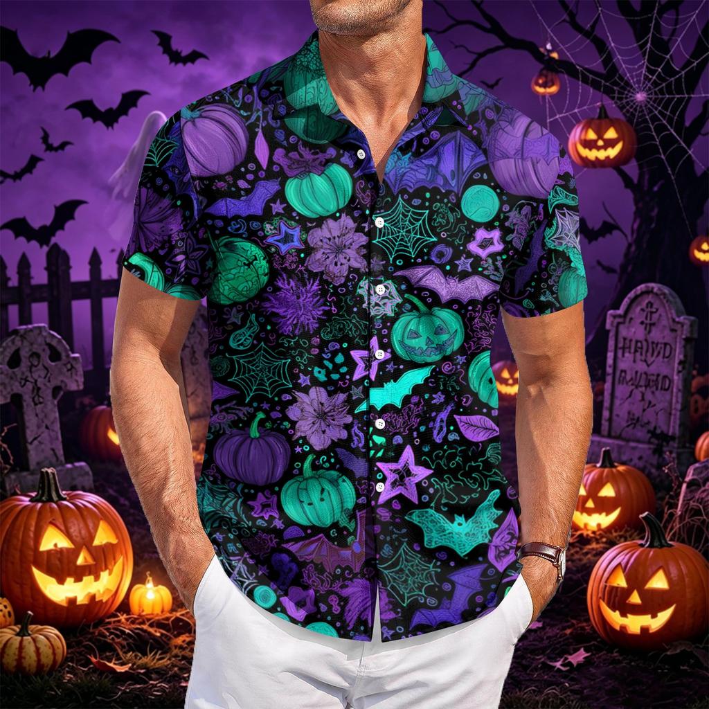 Men's Casual Short Sleeve Button Down Shirt Halloween Pumpkin Print Lightweight Breathable Fabric Summer Shirt