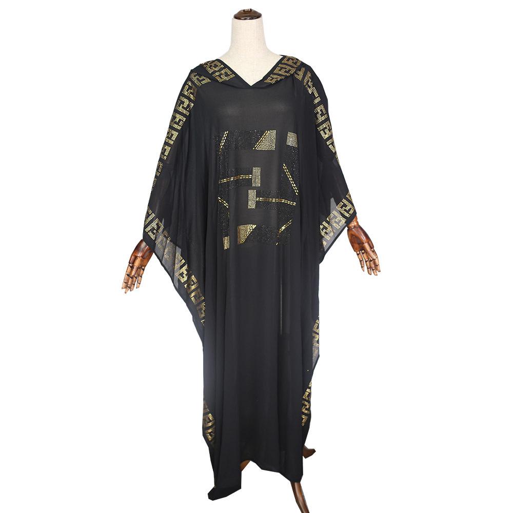 

Plus Size African Women s Muslim Chiffon Hooded Sweatshirt Dress with Batwing Sleeves and Hot Drill Design One Size чорний