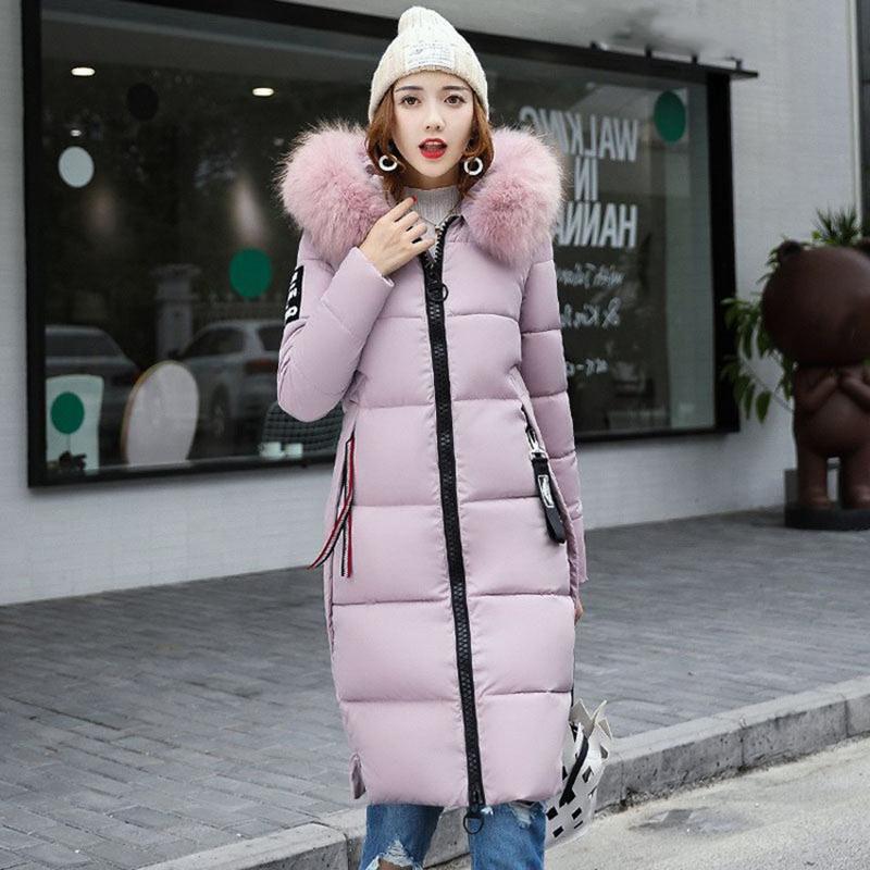 Women's Down Parkas Winter Jacket Fur Collar Thick Slim Coat Fashion Hooded Cotton Outerwear Long Winter Women Coat