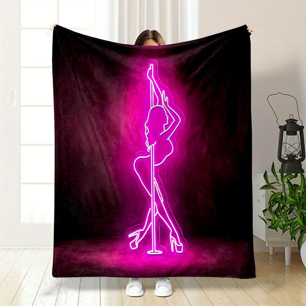A Neon Silhouette of a Woman Dancing On a Pole with a Pink Glow. for All Seasons Blanket Lunch Break Throw Gift