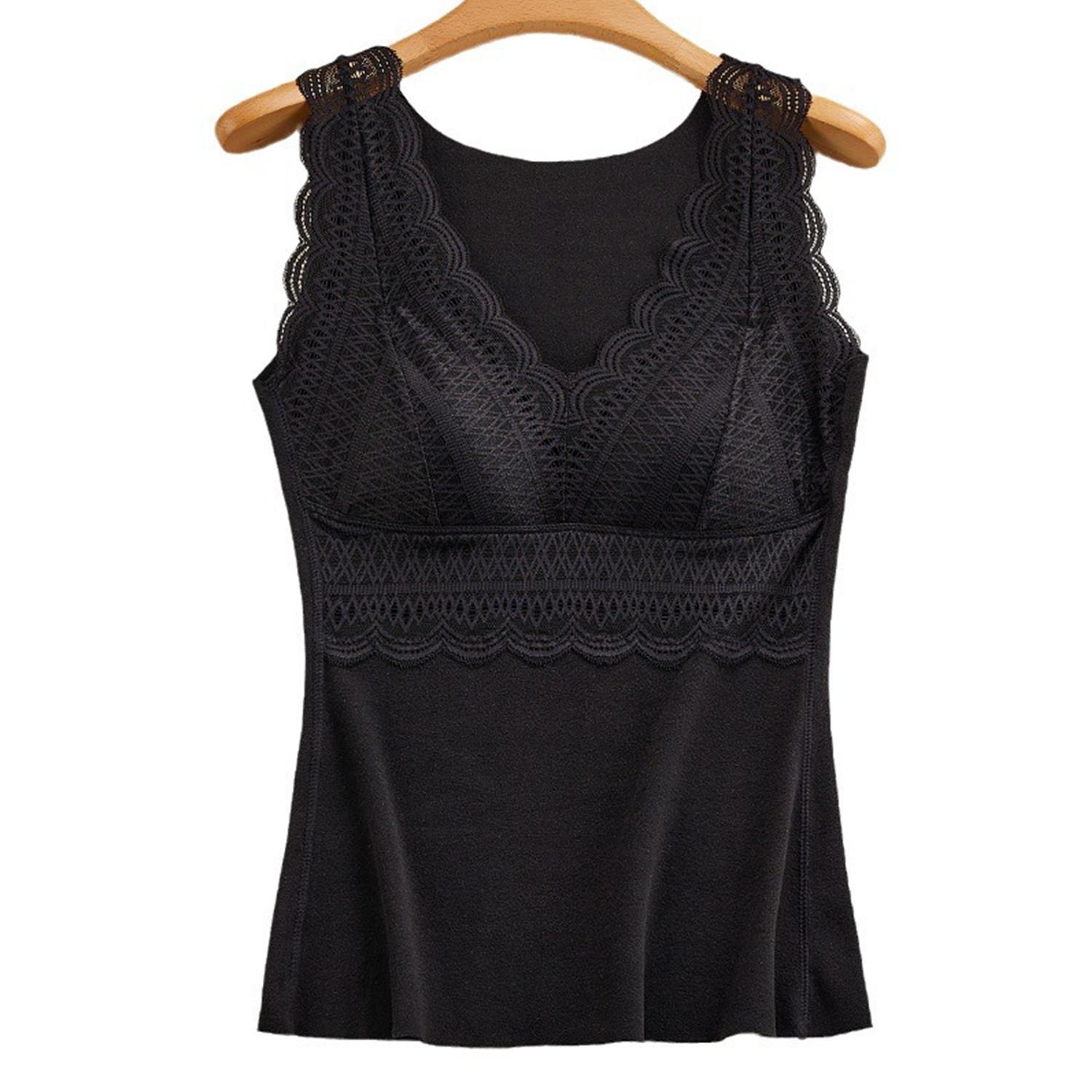 

Женские термо-топы со встроенным бюстгальтером, повседневный мягкий удобный жилет, пуловер, эластичный теплый базовый слой, нижнее белье, без рукавов, кружевной жилет на бретельках XL чёрный