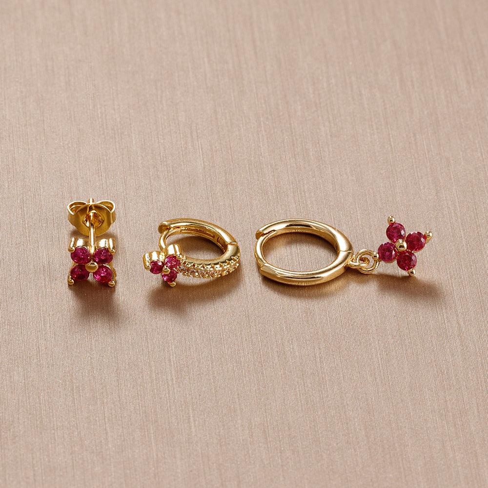 3PCS Rose Red Cubic Zircon Stainless Steel Hoop Earrings Set 18K Gold Plated Huggie Pendant Piercing Earring Women's Jewelry
