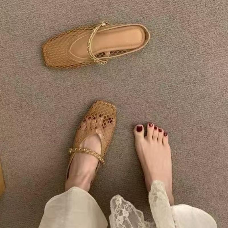 Fashion New Retro Flat Shoes Summer New Square Toe Fishing Net Breathable Hollow Outside Wear Slip-on Baotou Half Slippers
