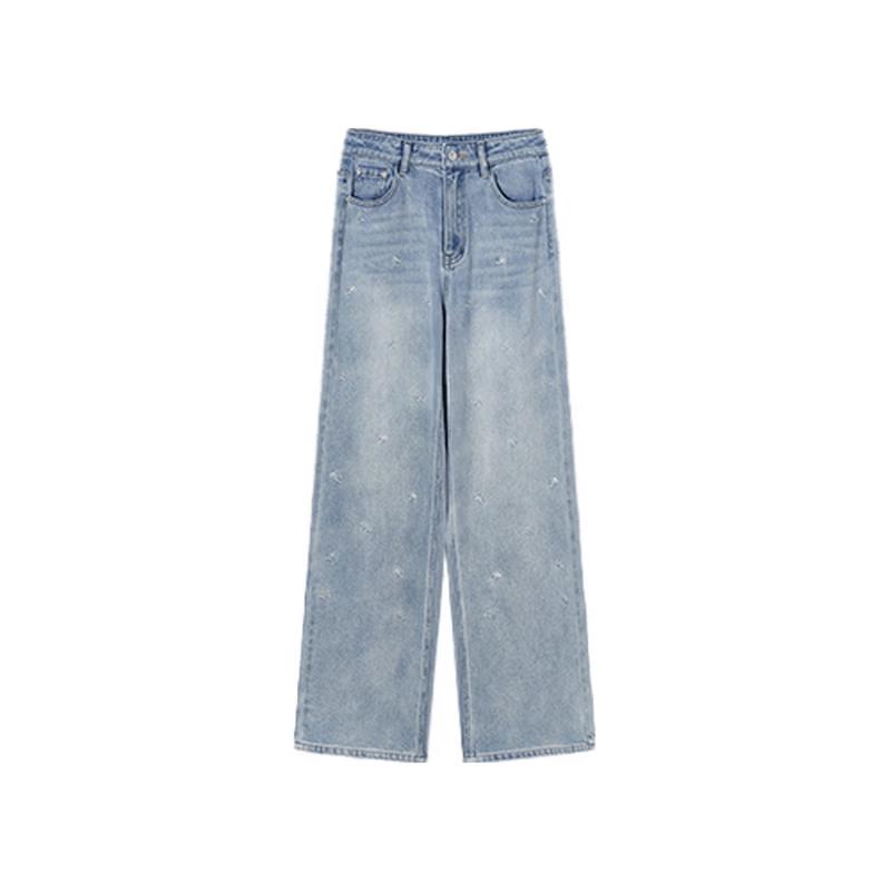 Xiangying Retro Embroidered High-Waist Straight Denim Jeans M