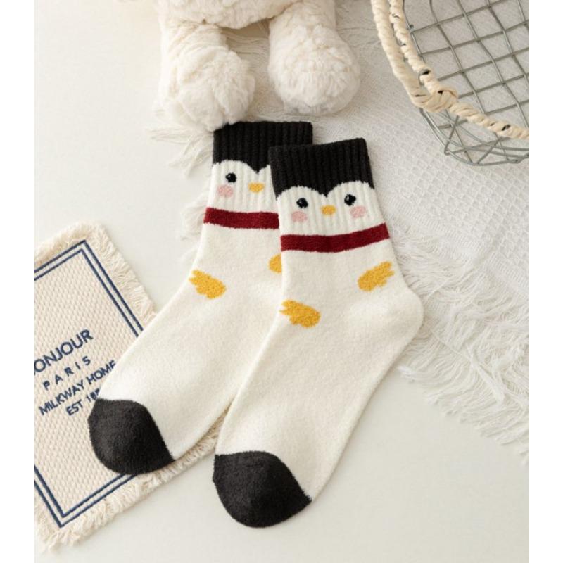 Autumn and Winter Socks, Women's Double-sided Fleece Little Penguin Women's Socks, Cute Cartoon Warm Home Warm Floor Socks, Sleep Socks