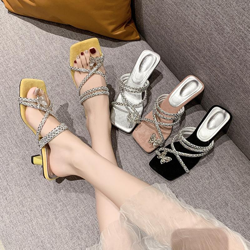 Slippers Women's Outer Wear 2025 Summer New Rhinestone Thick Heel with Skirt High Heel Word with Bow Cool Slippers Women
