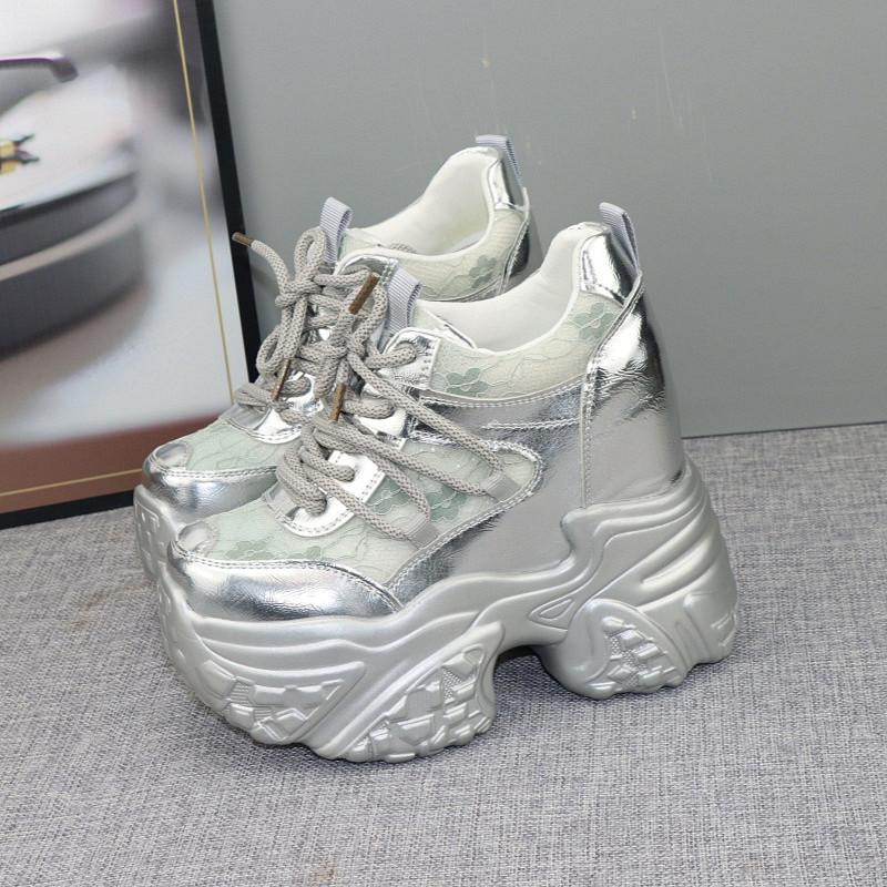 Fashion 12cm Hidden Heel Dad Shoes Women Thick Sole Casual Breathable Mesh Block Heel 10cm White Sneakers