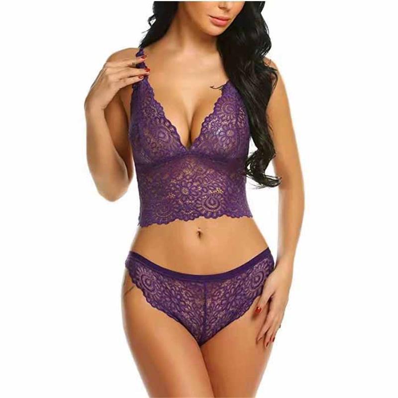 Conjunto de Sujetador de Encaje con Escote en V Profundo de Verano y Braguita - Lencería Sexy Bralette Ropa Interior para Mujer