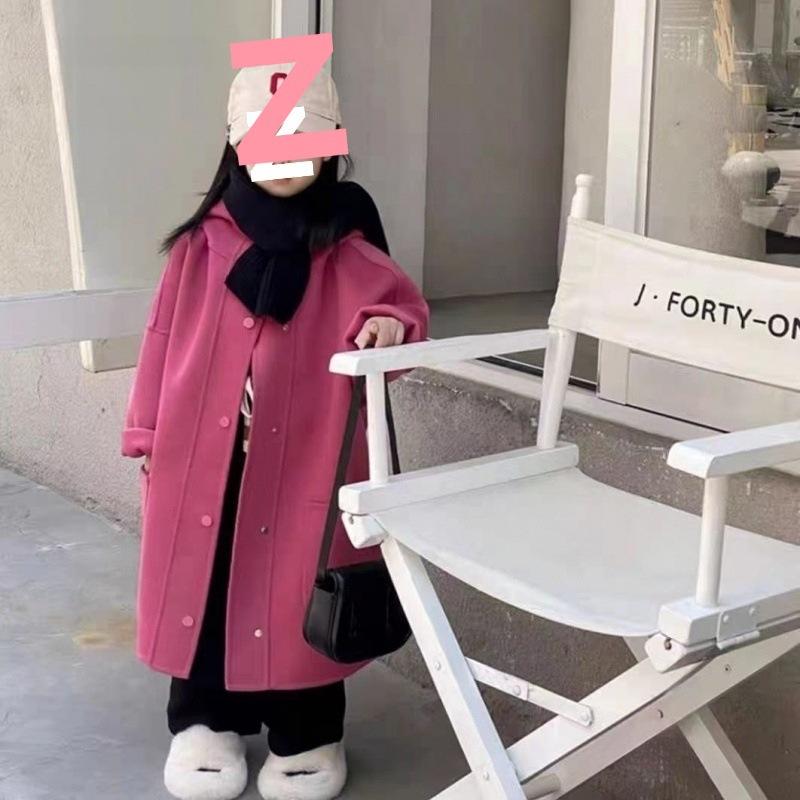 Korean Style Mid-Length Kids' Autumn/Winter Coat – Hooded, Long Sleeve, Cotton-Polyester for Girls.
