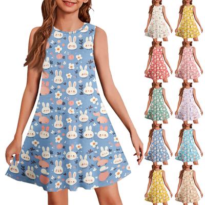 Ärmelloses Sommerkleid für Mädchen mit Aufdruck in Farbe, legeres Kleid