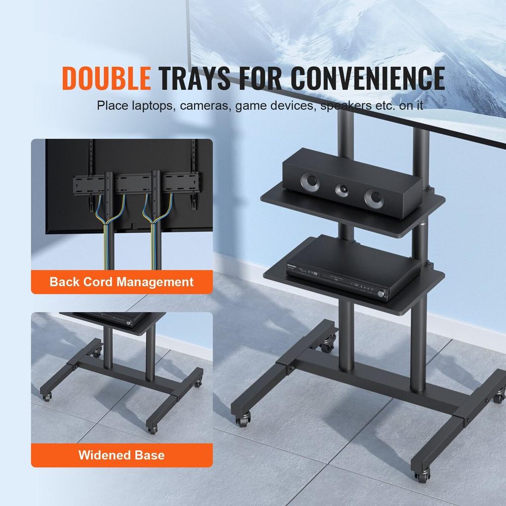 Mobile TV Stand, Mobile TV Cart for 32 to 70 inch TVs, Height Adjustable Portable TV Stand with Wheels, Double Tray for Audio-Visual Devices, Rolling