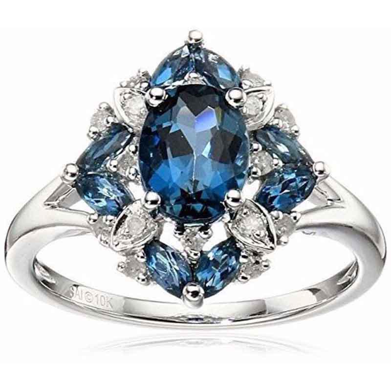 Plated Magnificent Silver Rings Oval Cut Natural Blue Sapphire Rhinestone Ring