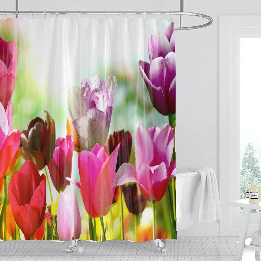 1Pcs Fresh Flowers Style Waterproof Shower Curtain, Blue Butterfly Of Flower Bathroom Decoration Curtain, With Plastic Hooks