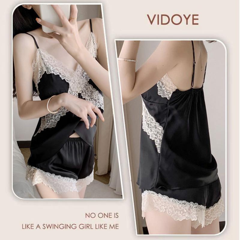 Lace Patchwork Sexy Sling Pajamas Set Summer Ice Silk Stylish Lightweight Pyjamas with Corset Pads Breathable Soft Comfortable Sleepwear Set