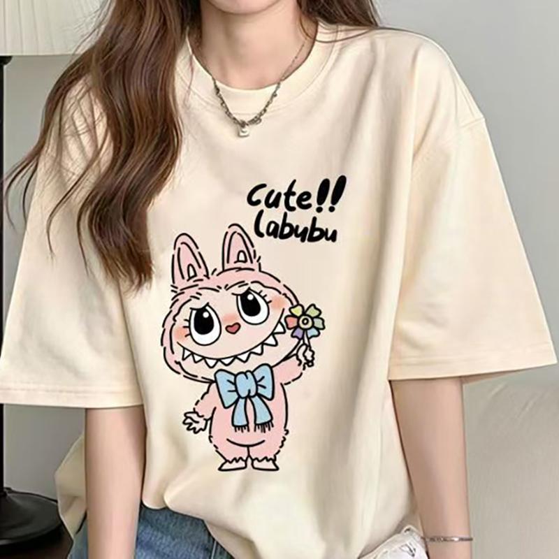 

Женская футболка с коротким рукавом, футболка с принтом Лабубу, летняя повседневная модная одежда, мультяшная милая аниме-топ для девочки M