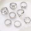 8Pcs/Set Punk Silver Color Bowknot Rings for Women Vintage Imitation Pearl Irregular Leaf Rings Set Jewelry Wholesale