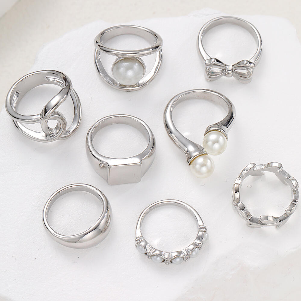 8Pcs/Set Punk Silver Color Bowknot Rings for Women Vintage Imitation Pearl Irregular Leaf Rings Set Jewelry Wholesale