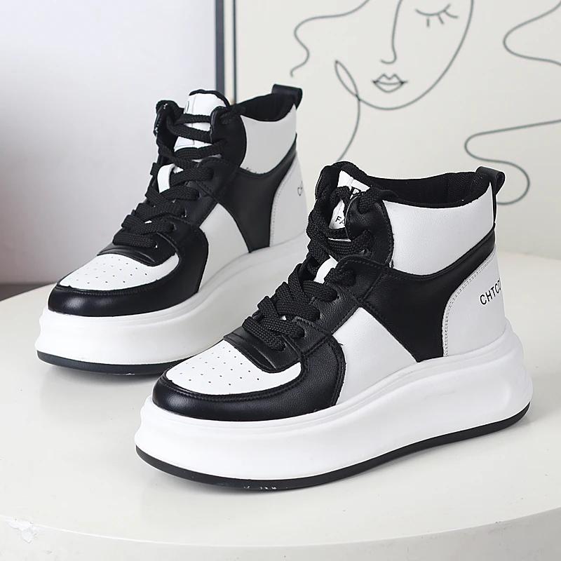 Fashion 8CM Genuine Leather Women Casual Shoes Platform Wedge Women Fashion Sneakers Chunky Shoes Summer Vulcanize Skateboard