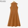 ZANZEA Women Summer Turn Down Collar Casual Sleeveless Long Dress