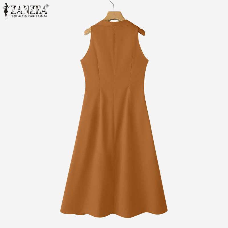 ZANZEA Women Summer Turn Down Collar Casual Sleeveless Long Dress