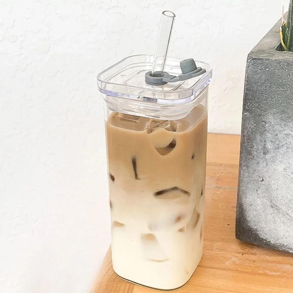 Square Heat Resistant Transparent Coffee Glass Mug Milk Tea Juice Glass Water Cup with Lid and Straw Coffee Cup Drink Mug