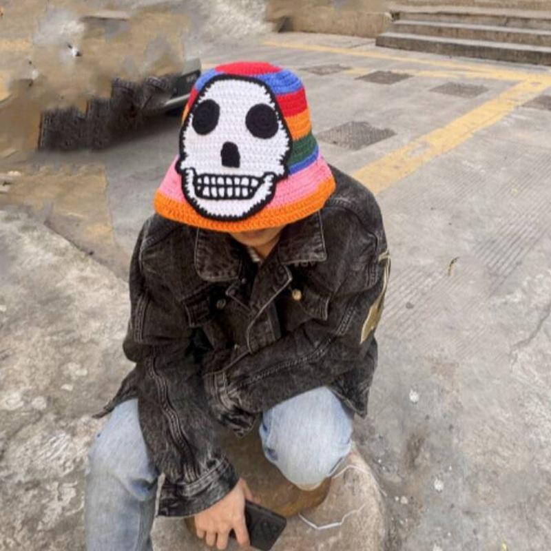 Trendy Skeleton Embroidery Fisherman Hat Winter Handmade Crochet Knitted Hip Hop Bucket Hat Round Basin Hat Halloween Cold Caps