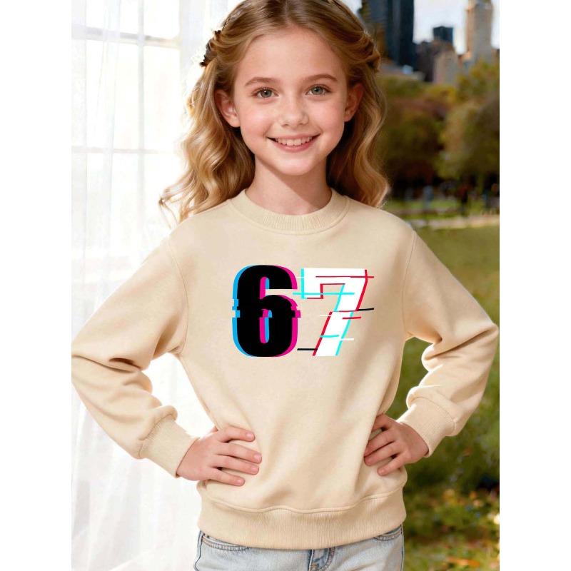 Unisex Kids Red Crewneck Sweatshirt For 4-12 Boys Girls Glitch Neon Pink Cyan Distorted Number 67 Print Soft Fleece Long Sleeve Pullover