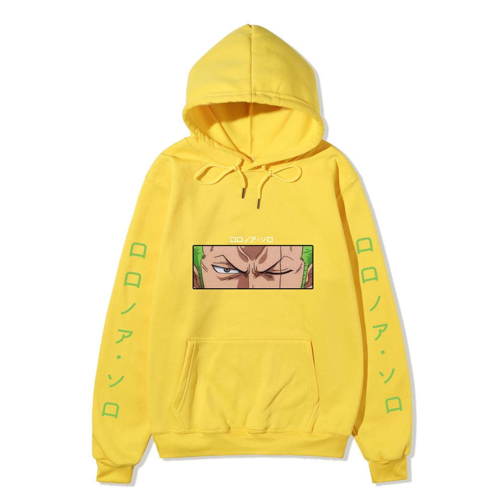 One Piece Roronoa Zoro Hoodie, Double Side Sleeve Japanese Text Printed Pullover Hooded Sweatshirt Anime Long Sleeve Streetwear Hoodie