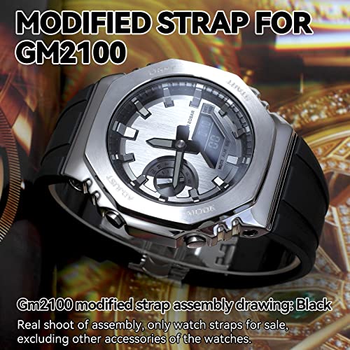 Waterproof, flexible watch band with fluoroelastomer strap and butterfly buckle. Customizable watch accessory for Casio and G-SHOCK GM2100 and GM-2100
