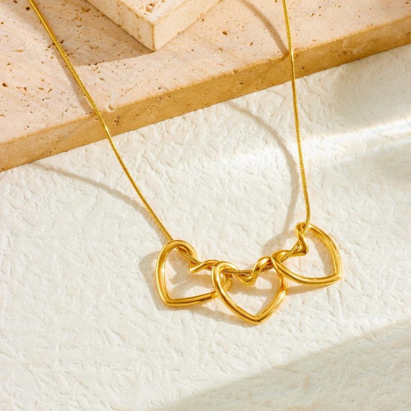 Gold Plated Interlocking Triple Heart Necklace, Dainty Snake Chain Heart Pendant Choker, Minimalist Love Jewelry for Women Gift