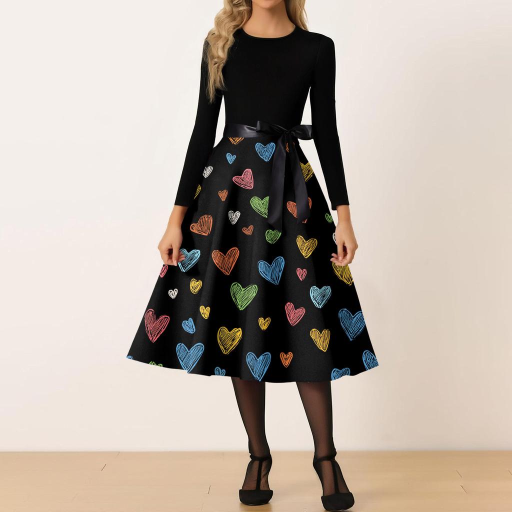 Women's Casual Fashion Round Neck Valentine's Day Printed Retro Dress