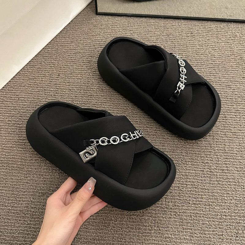 

Популярные новые летние модные металлические шлепанцы с открытым верхом, женские сандалии на толстой подошве-маффине с круглым носком, отпускная пляжная обувь, женский тренд 40 чёрный