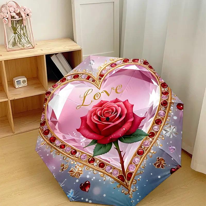 An Automatic Umbrella with a Heart-Shaped Diamond Rose Pattern, Foldable, Featuring 8 Ribs, an Iron Frame, a Plastic Handle, A (as the picture,Iron&8K)