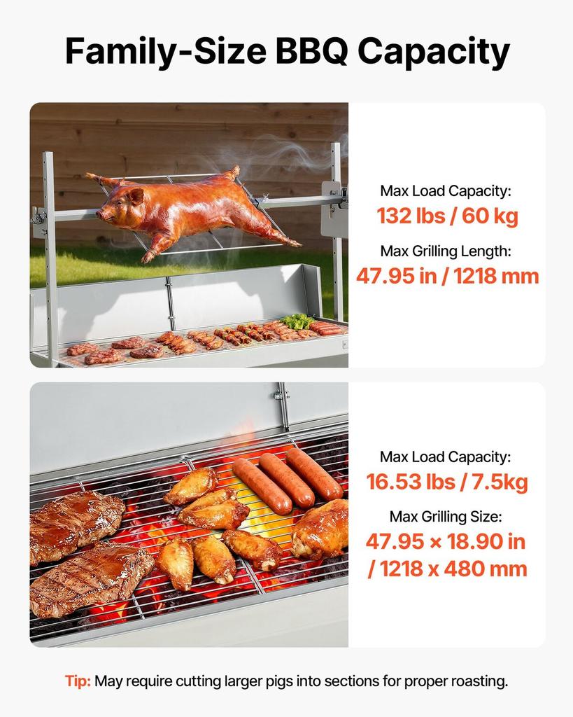Parrilla Rotisserie, Asador de Cerdo y Cordero para Barbacoa Exterior de 38W, Asador de Carbón con Capacidad de 60 kg, Ruedas y 4 Niveles de Altura, Acero Inoxidable
