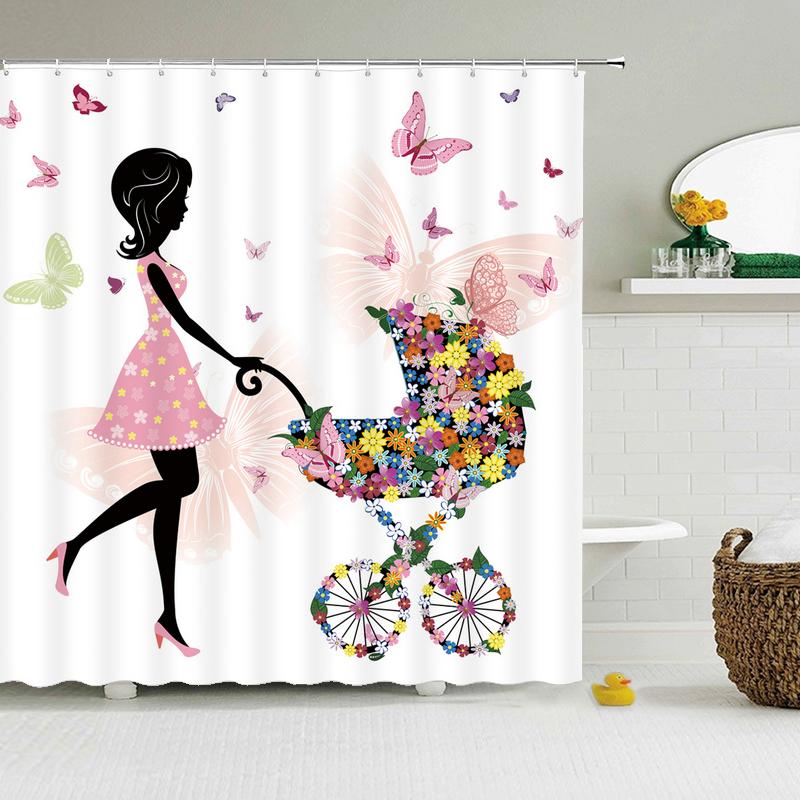 Flower Butterfly Girl Shower Curtain Waterproof Bathroom Lovely Woman Fairy Shower Curtain Polyester Cloth Home Decor Hook